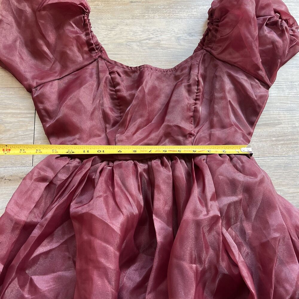 Hot Topic Cosmic Aura Dress Small Maroon Tiered Puff Sleeve Ruffle Mini NWT - Picture 5 of 7